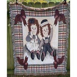 Vintage Raggedy Ann and Andy Dolls‎ Fringed Woven Tapestry Blanket